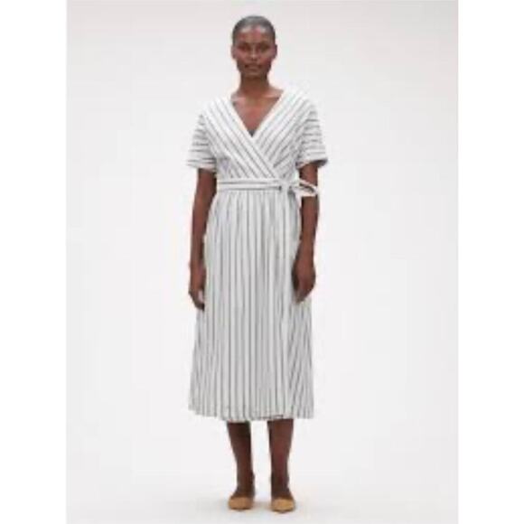 GAP Cotton Linen Blend Short Sleeve Wrap-Front Blue Stripe Dress Women's Size 16 - Picture 1 of 7